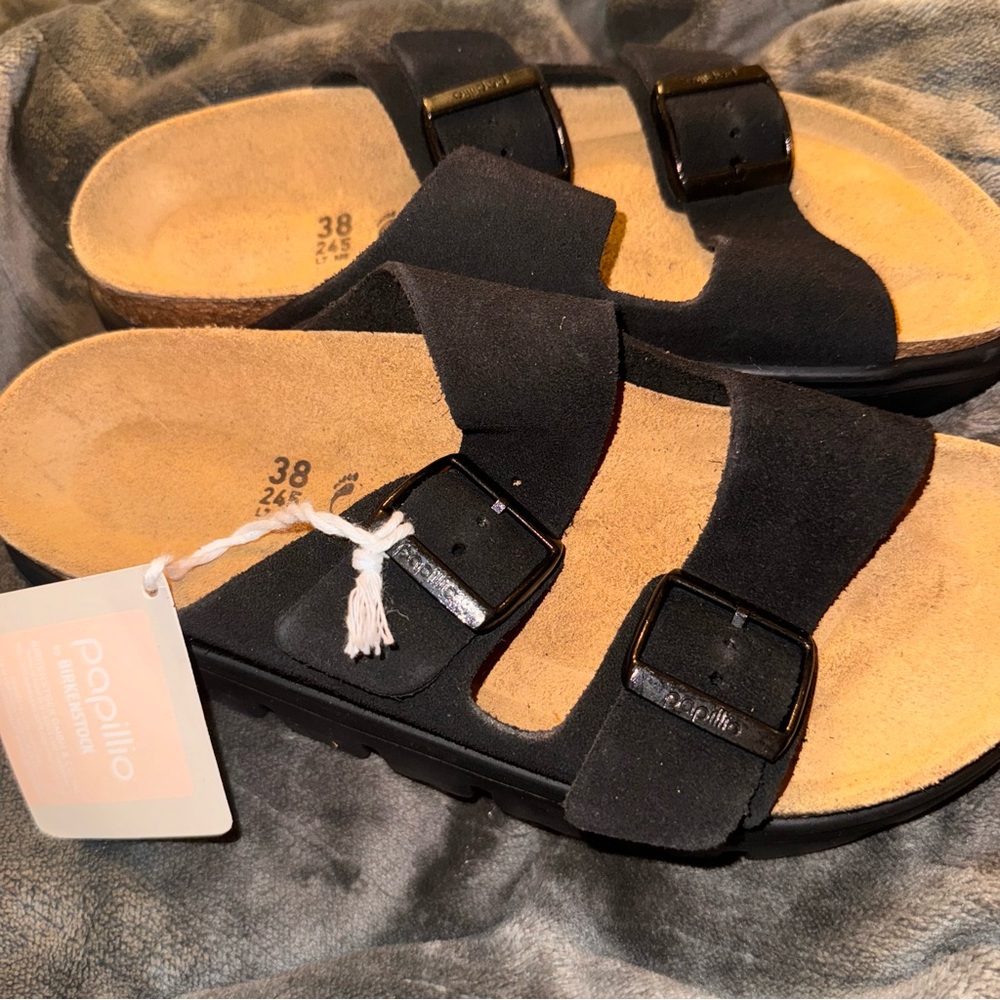 BIRKENSTOCK Papillio Arizona Sandals Black Suade With Chunky Soles Size 38 New - Picture 3 of 11